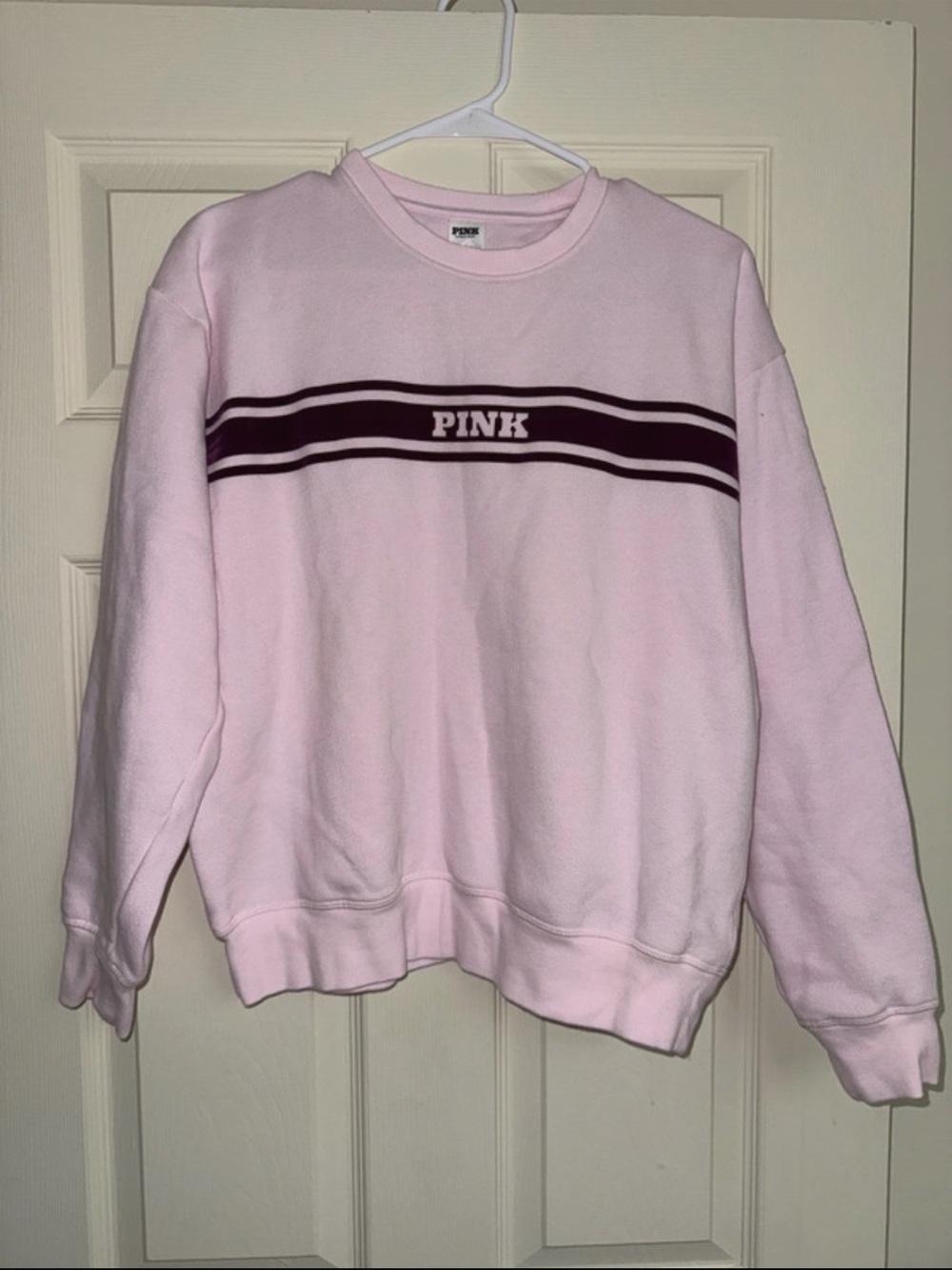 Victoria's Secret PINK Light Pink Crewneck Sweatshirt with Burgundy Stripe